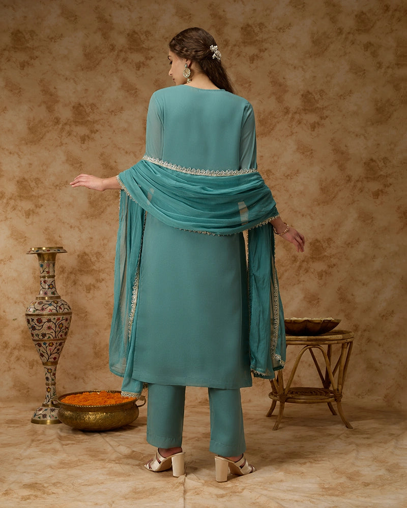 Round neck straight kurta SKD set featuring elegant placement embroidery.