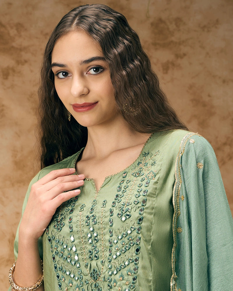 A-line embroidered kurta set - Sage Green