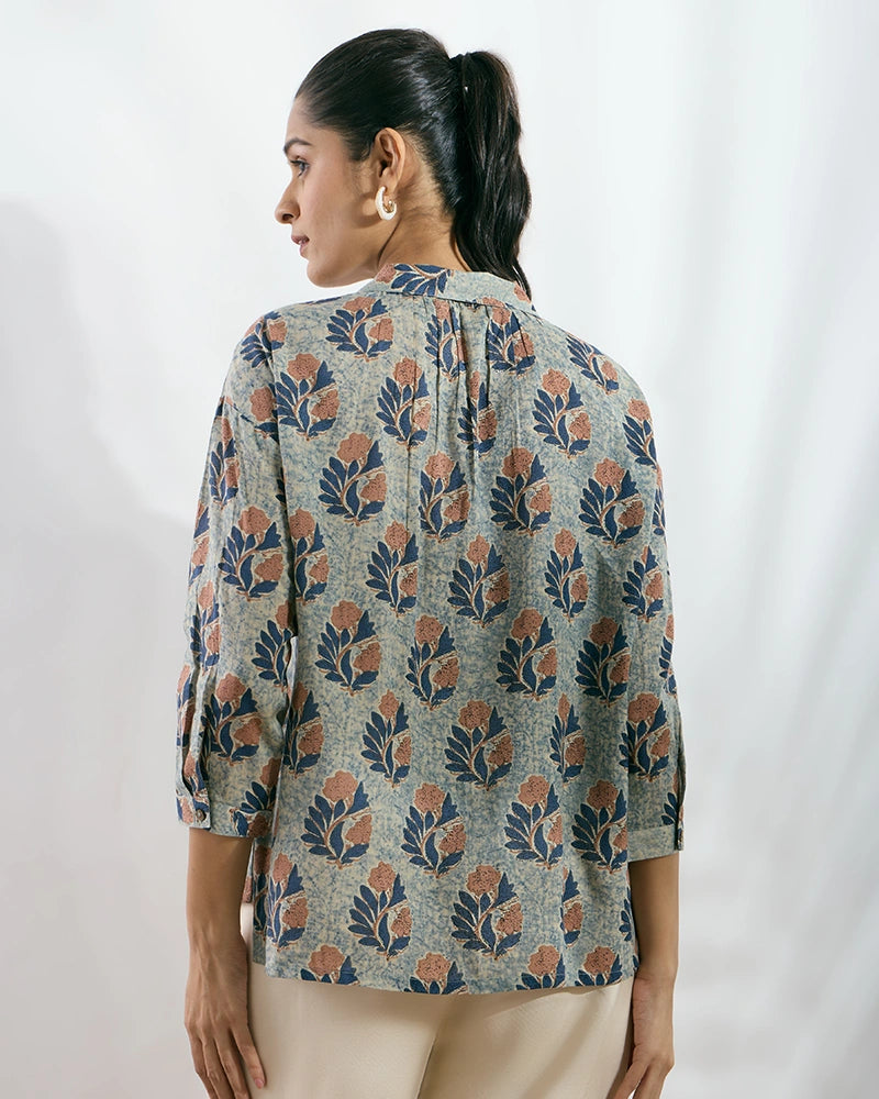 Navy Blue Modal Printed Boxy Fit Shirt for Women