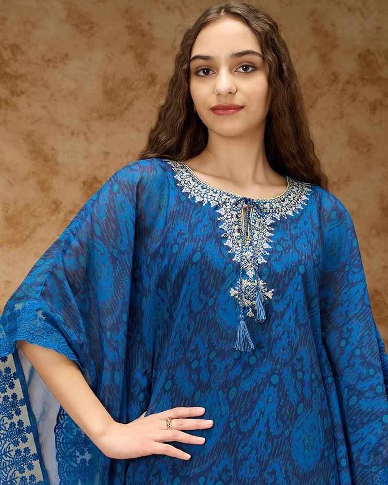 All Over Printed Tie Up Neck Kaftan Co-Ord Set - Navy