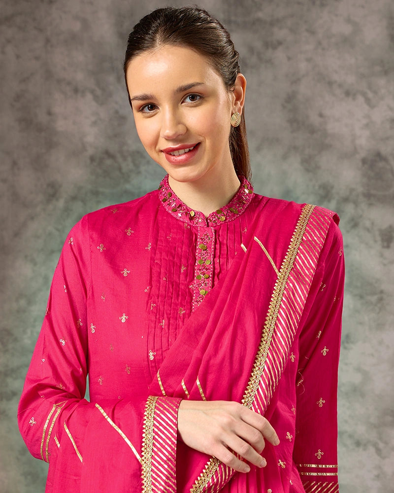 Foil Printed Kurta Set with Pant with Dupatta - Fuschia