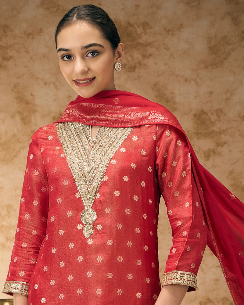 Asymmetric Brocade Kurta Set - Red