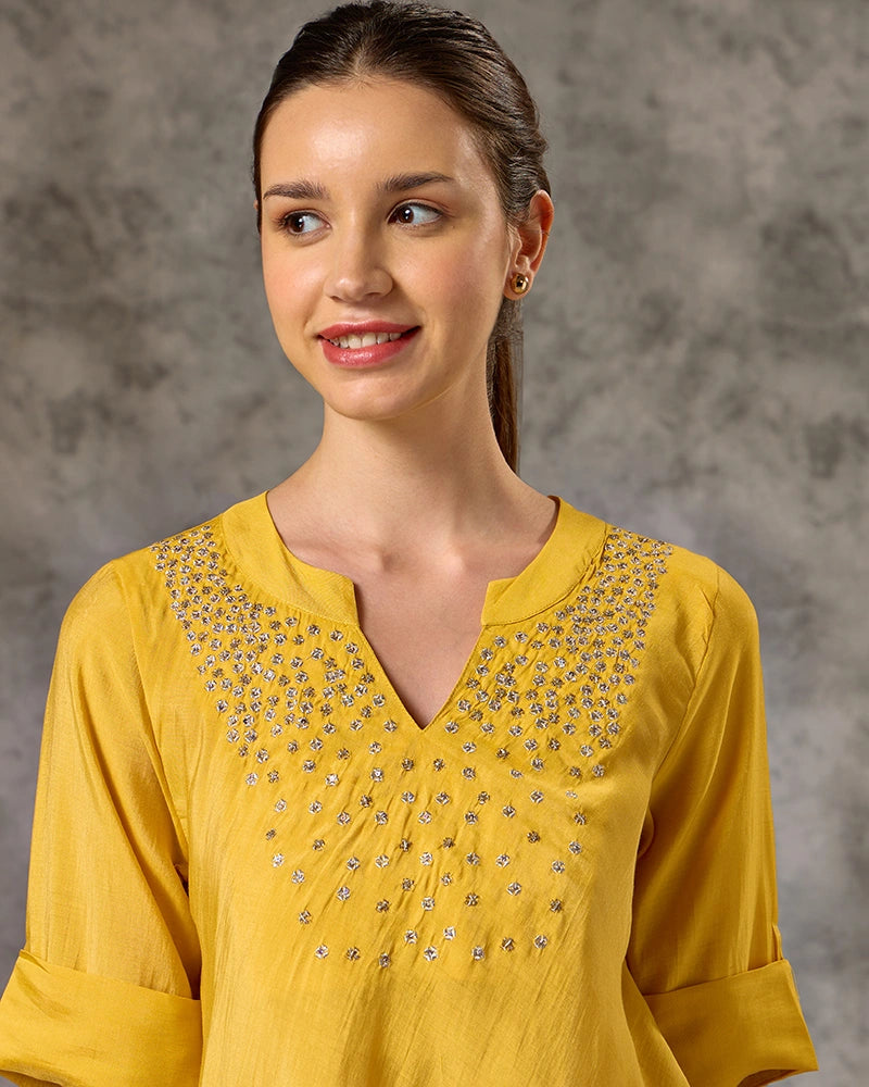 Asymmetric Zari Embroidered Kurta with Pant Co-Ord Set - Mustard