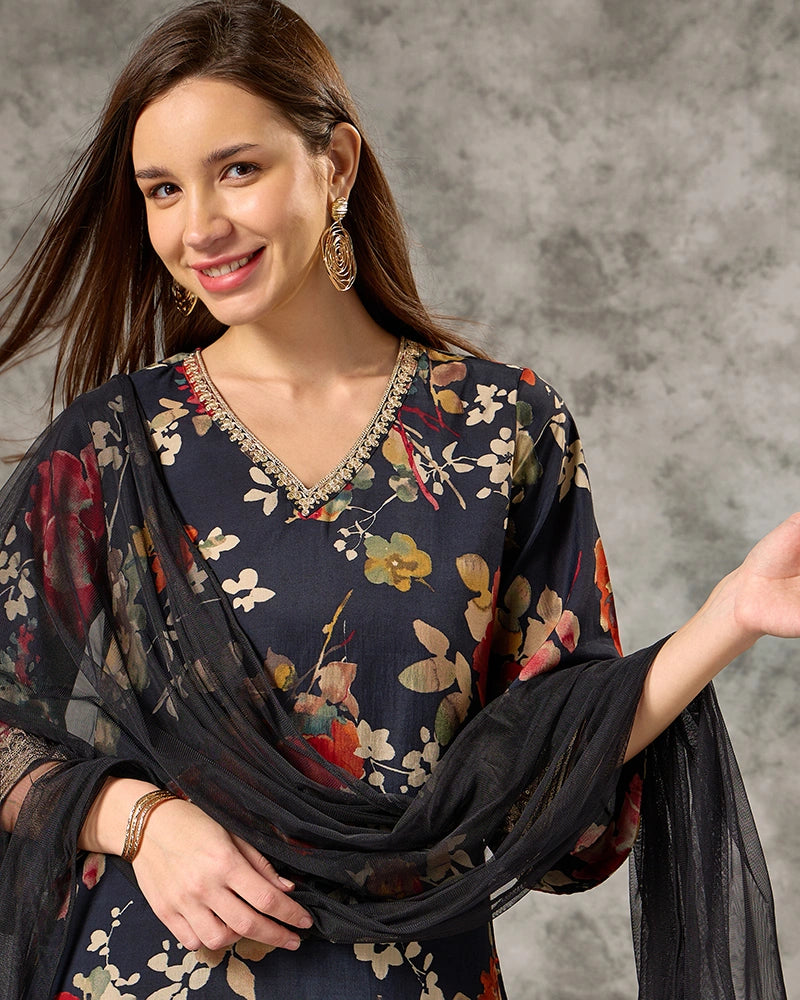 A-line All Over Floral Printed Kurta Set with Pant & Dupatta - Blue