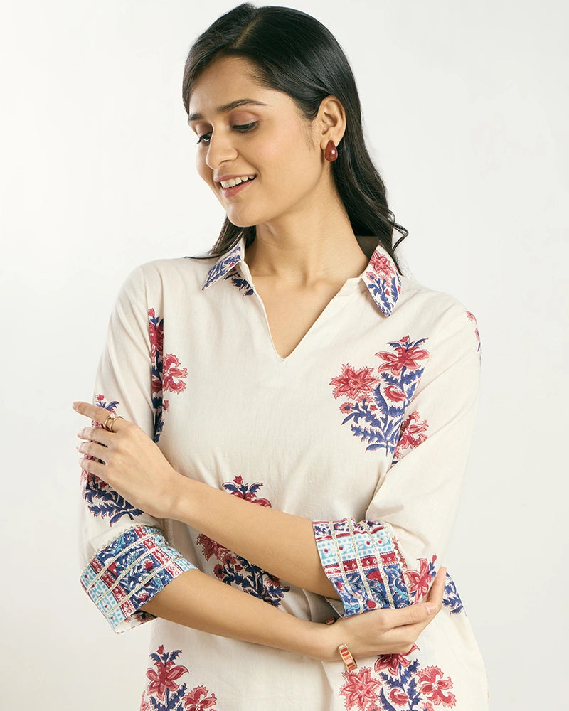 Off-White Butta Printed V-Neck Co-ord Set for Women