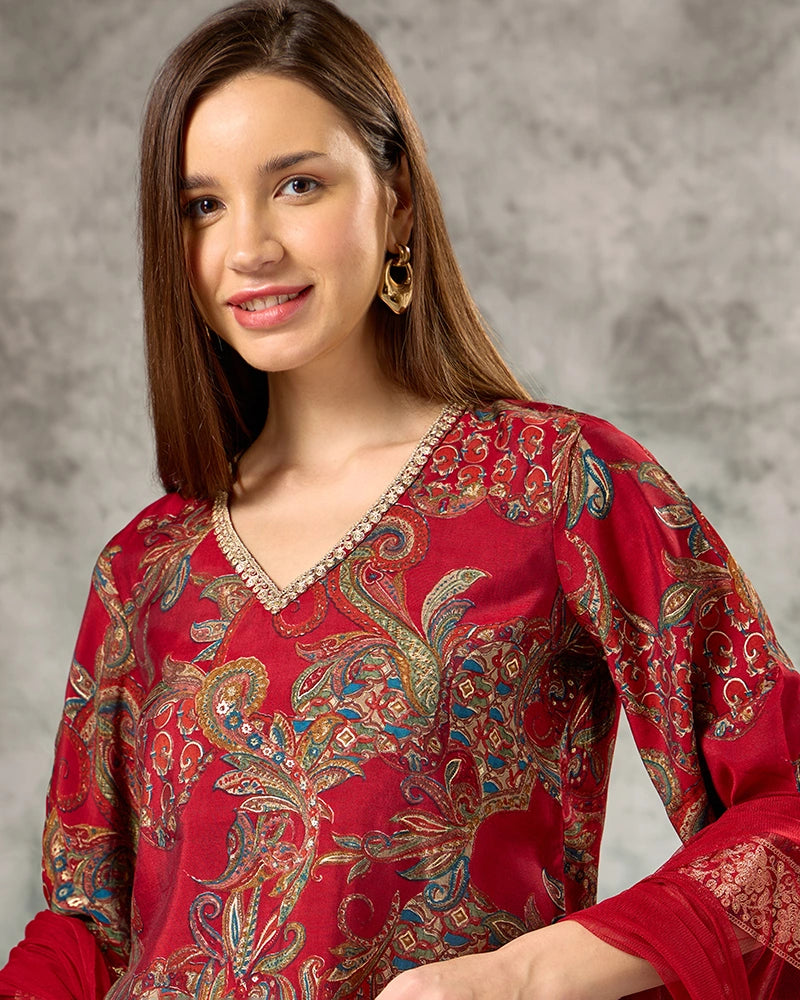 A-line Printed kurta set - Red