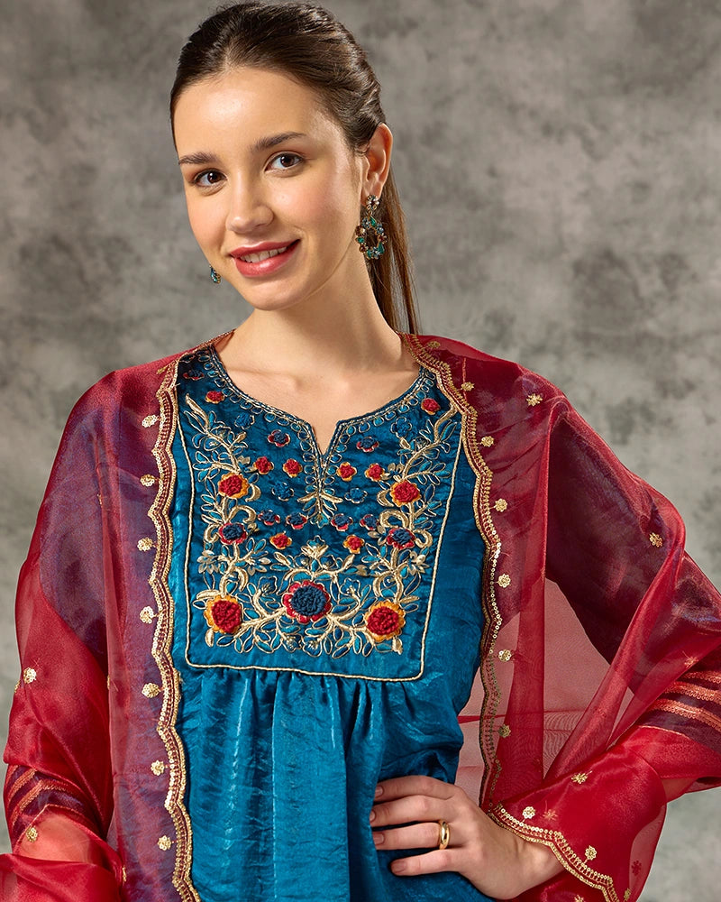 Embroidered Kurta Set with Pant and Dupatta - Mid Blue