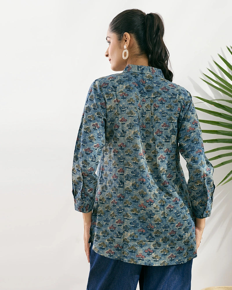 Blue Viscose Printed Regular Fit Shirt for Women