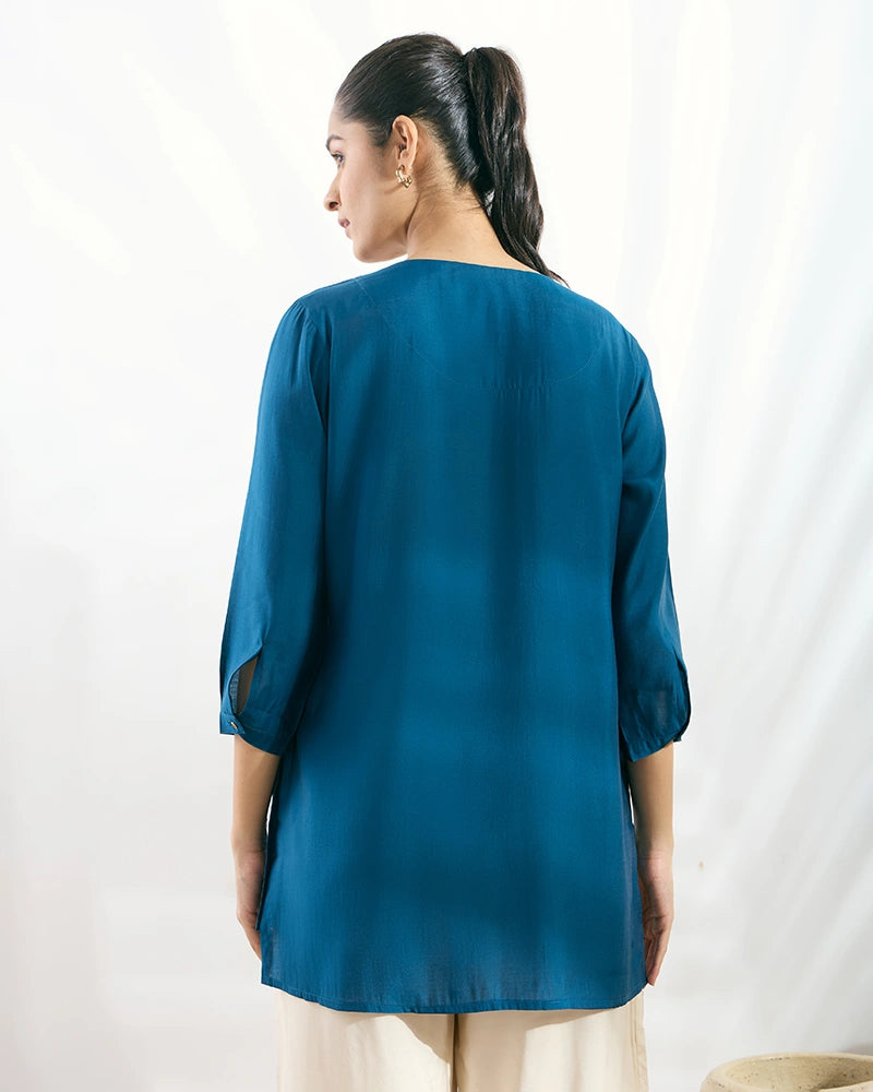 Blue Yoke Embroidered Hi-Low Top for Women