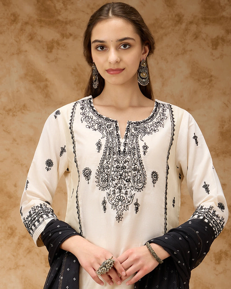 Round Neck A-line Embroidered Kurta Set with Pant & Dupatta - Off White