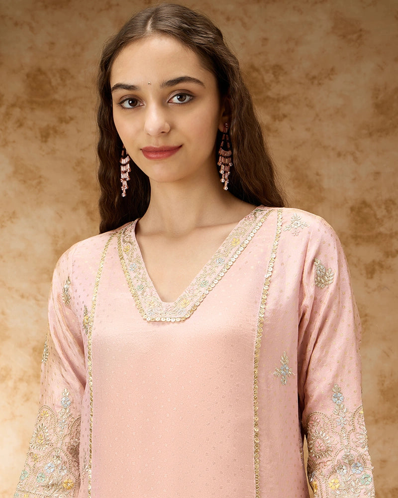 A-line Embroidered Kurta Set with Pant and Dupatta- Blush Pink