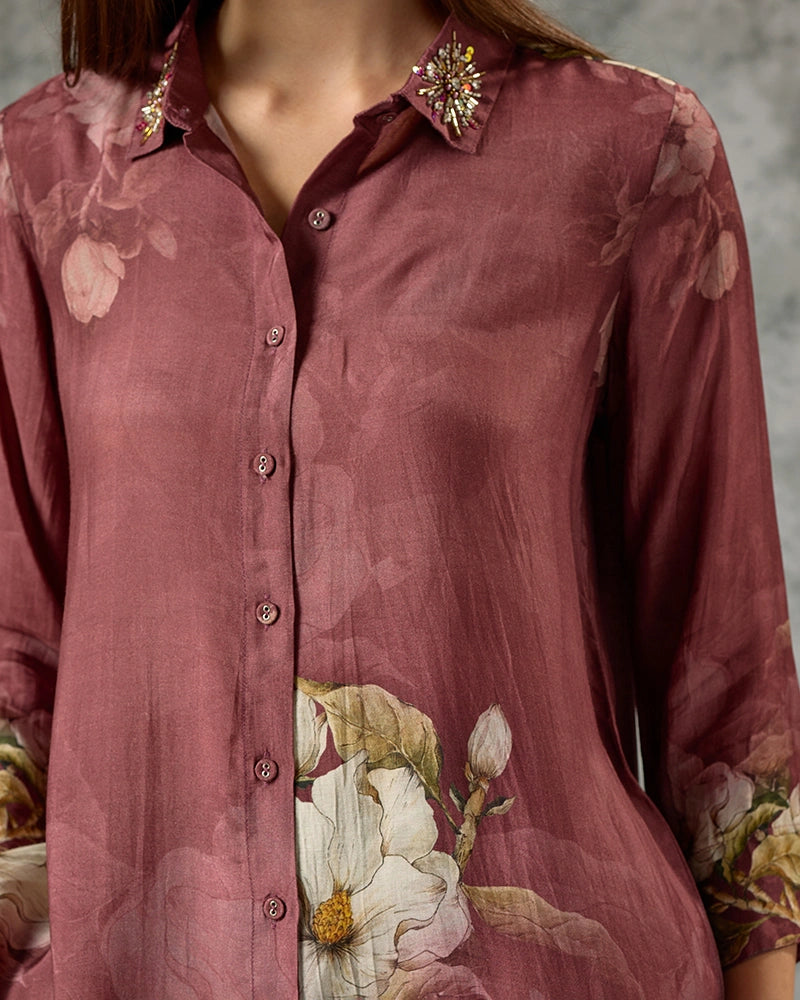 Floral Printed Modal Embroidered Collar Neck Top with Pant Co-Ord Set - Brown