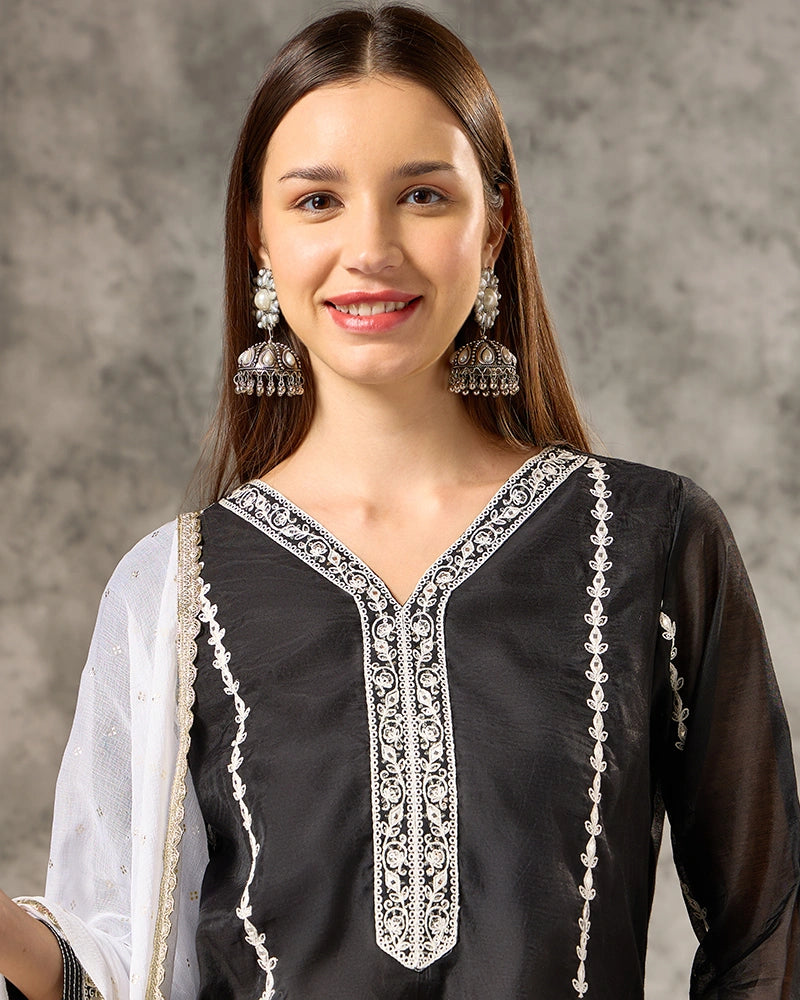 V-Neck Embroidered Kurta Set with Pant and Dupatta - Black