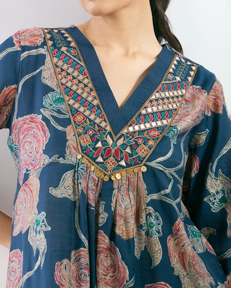 Navy Blue Printed V-Neck Kurta Set with Embroidered Neckline for Women
