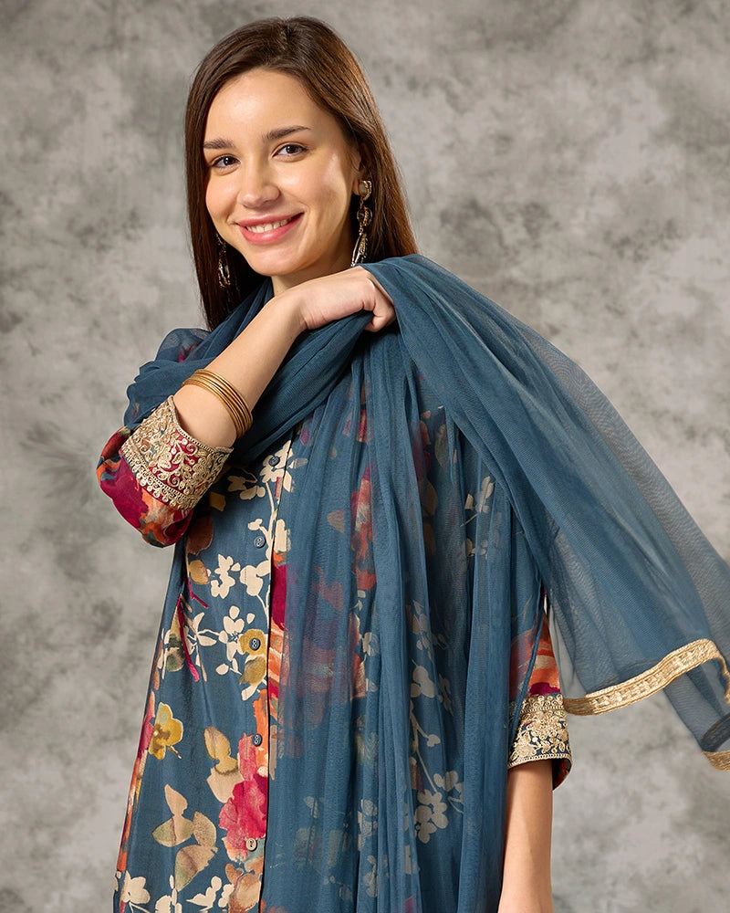Zari Embroidered All over Printed Mandarin Neck Kurta Set with Pant and Dupatta - Blue