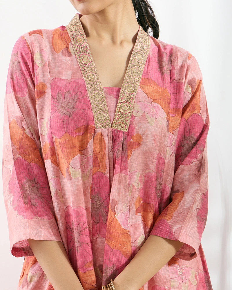 Pink V-Neck Zari Embroidered Kurta Set for Women