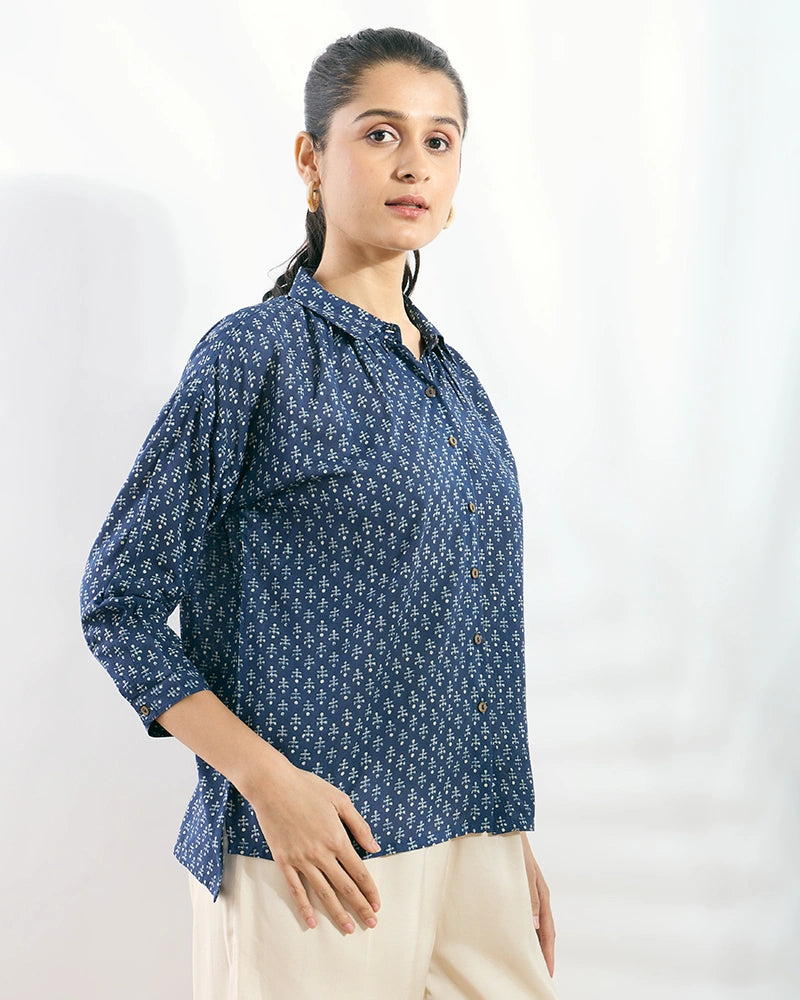 Navy Blue Viscose Printed Boxy Fit Shirt for Women