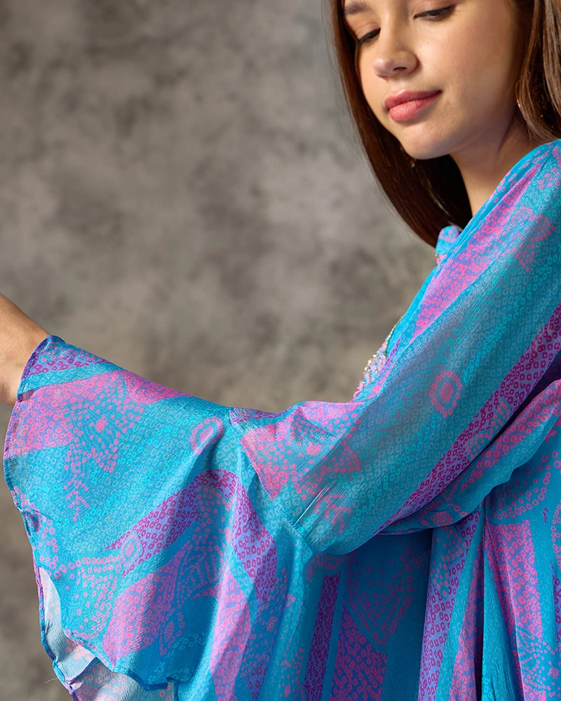 V-Neck Bandhani Printed Co.ord Set - Blue