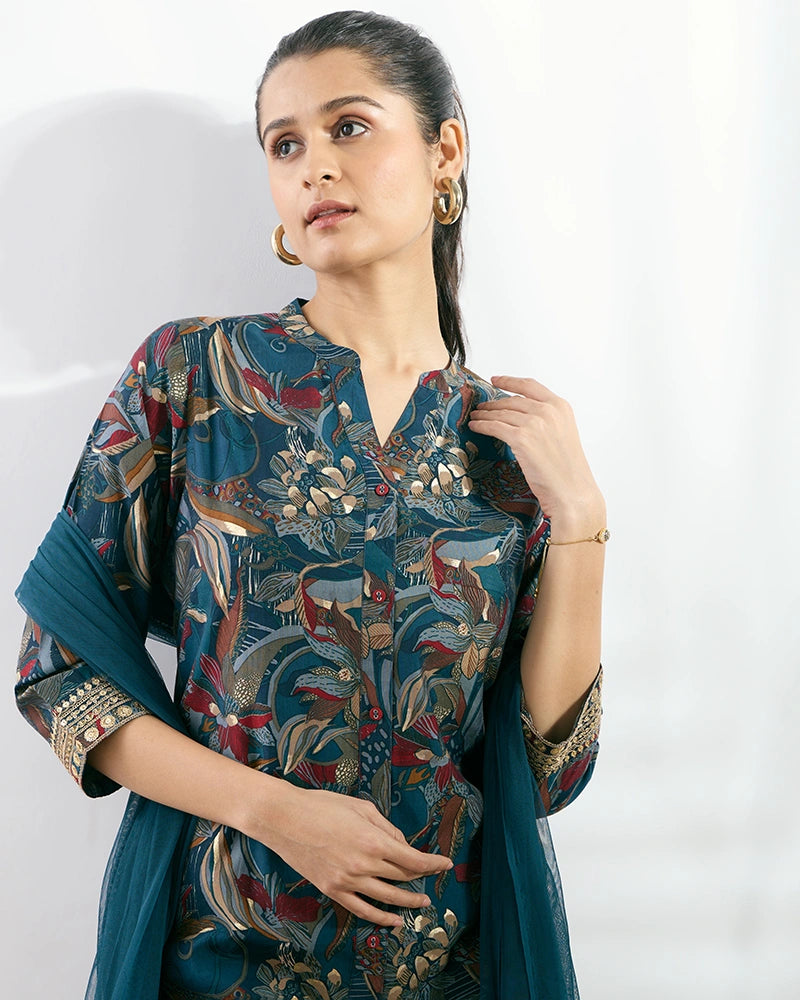 Blue Printed Button-Down Kurta Set with Dupatta for Women