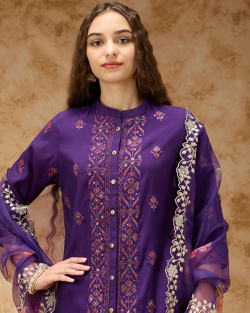 A-line Embroidered Kurta Set with Pant & Dupatta - Purple
