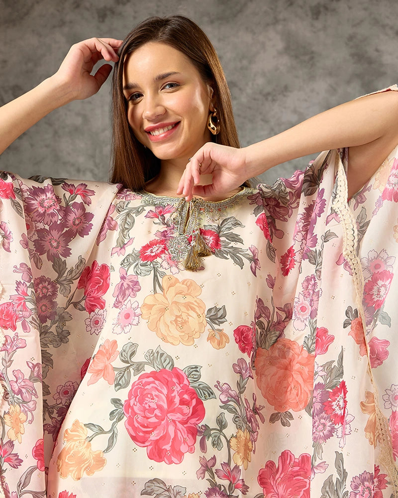 Off White All Over Printed Tie Up Neck Co-Ord Set for Women