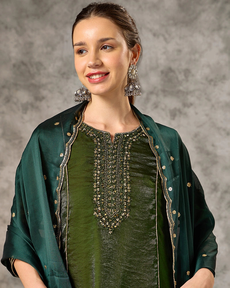 Asymmetric Embroidered Kurta Set with Pant and Dupatta - Bottle Green
