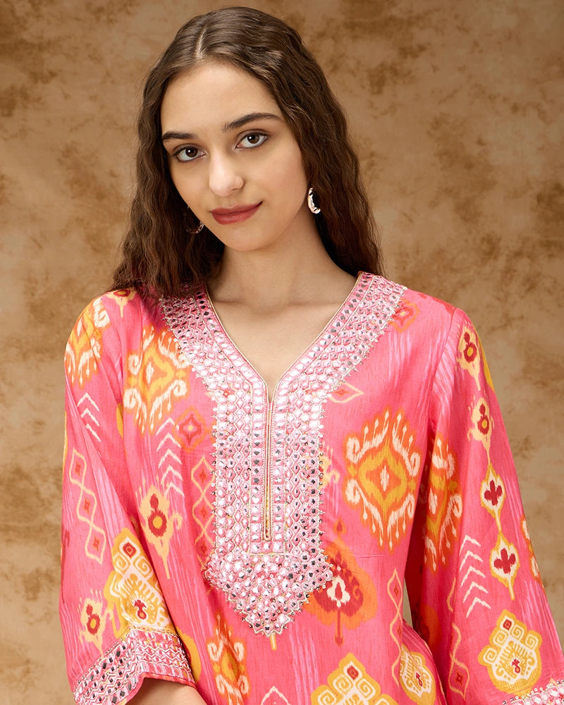 Ikkat Printed Co-ord Set with Mirror Embroidered Yoke