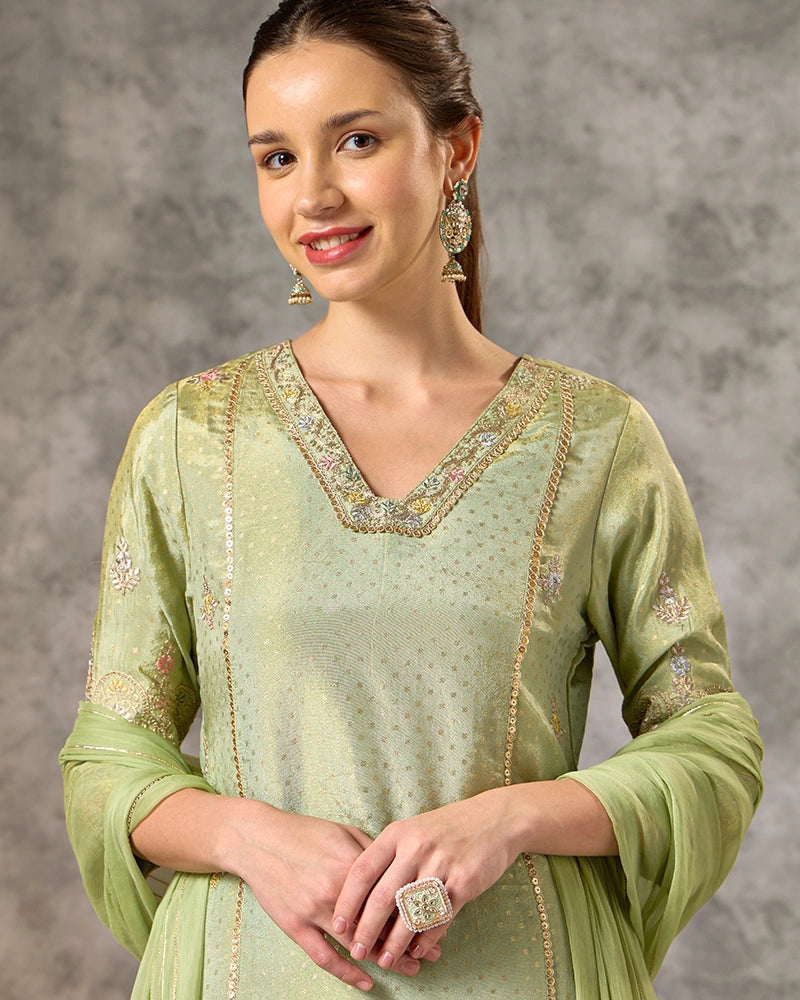 A-line embroidered kurta set - Sage Green