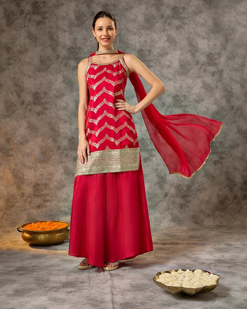 Sleeveless Brocade Kurta Set with Wide Leg Pant and Dupatta - Red