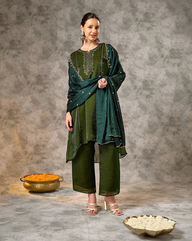 Asymmetric Embroidered Kurta Set with Pant and Dupatta - Bottle Green