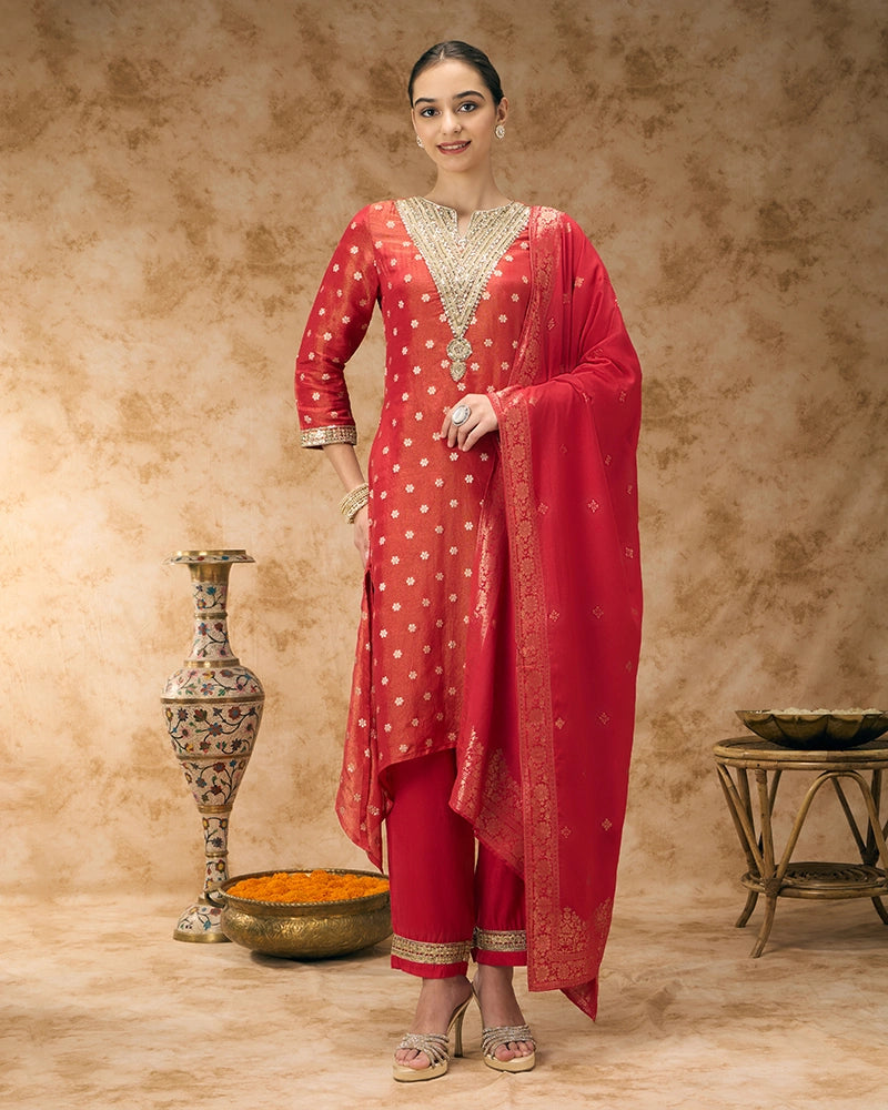 Asymmetric Brocade Kurta Set - Red