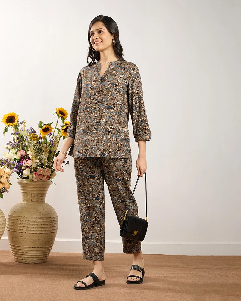 Blue Printed Y-Placket Co-ord Set for Women