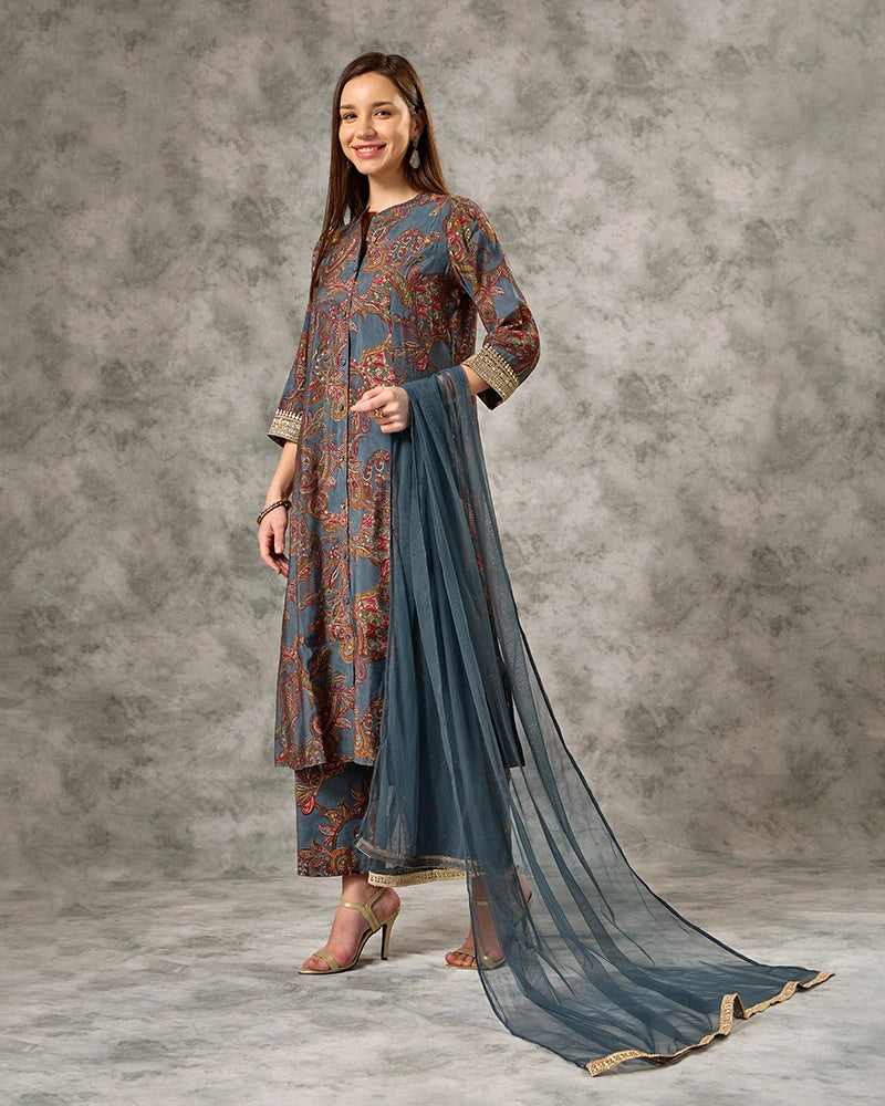 Zari Embroidered All over Printed Mandarin Neck Kurta Set with Pant and Dupatta - Blue