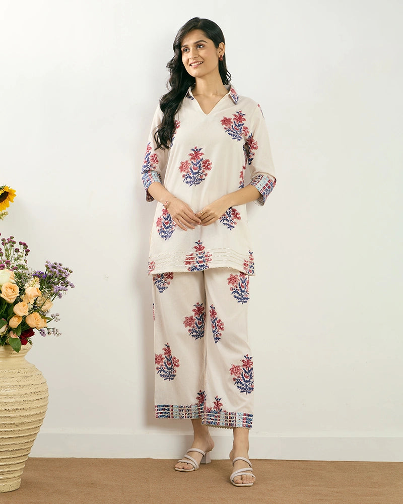 Off-White Butta Printed V-Neck Co-ord Set for Women