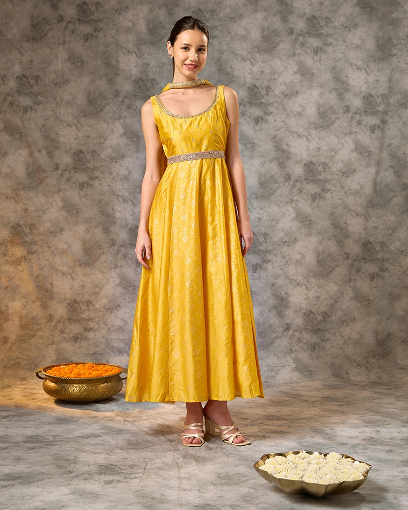 Foil Printed Long Anarkali Kurta with Embroidered Dupatta  - Yellow