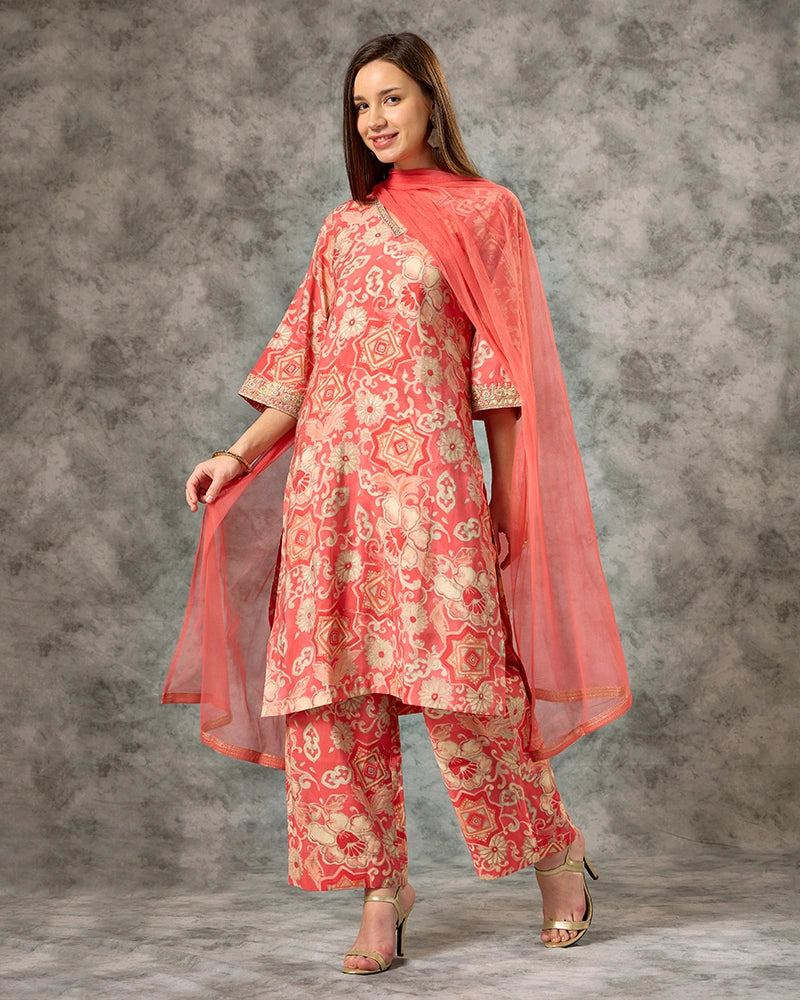 A-line All Over Floral Printed Kurta Set with Pant & Dupatta - Orange