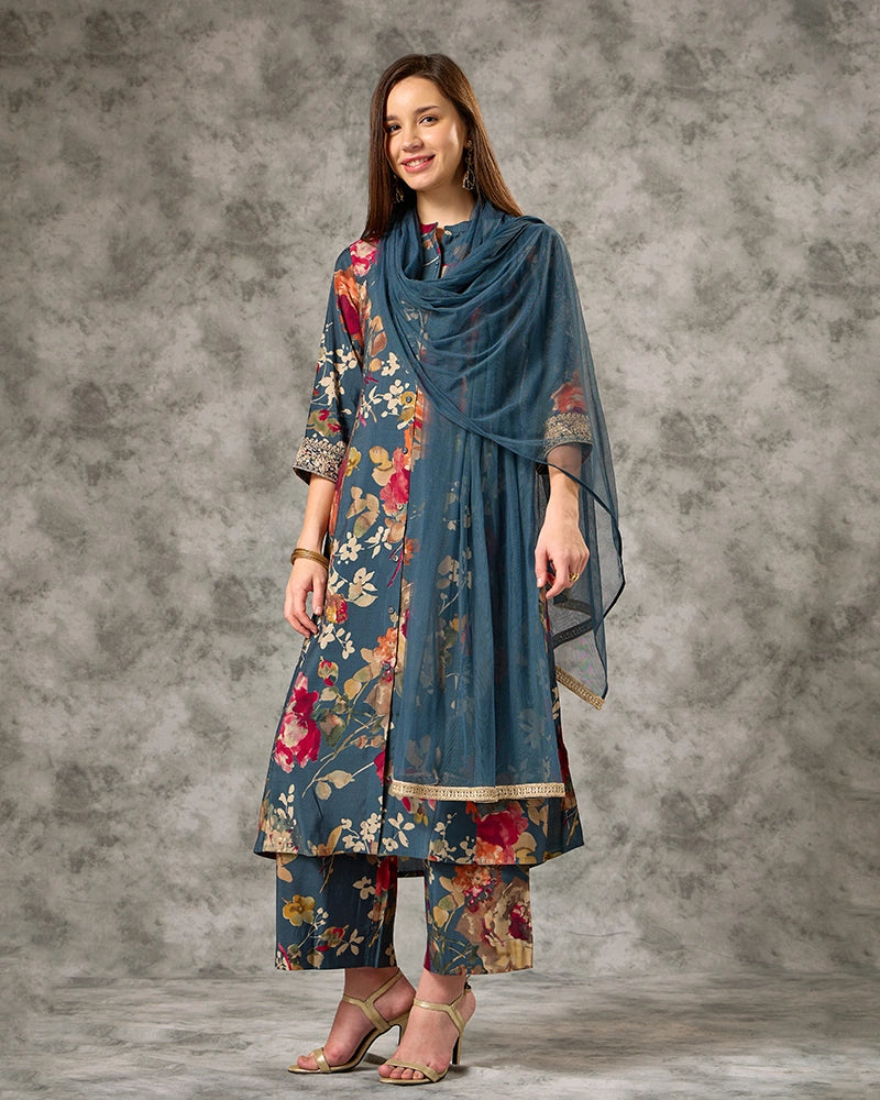 Zari Embroidered All over Printed Mandarin Neck Kurta Set with Pant and Dupatta - Blue