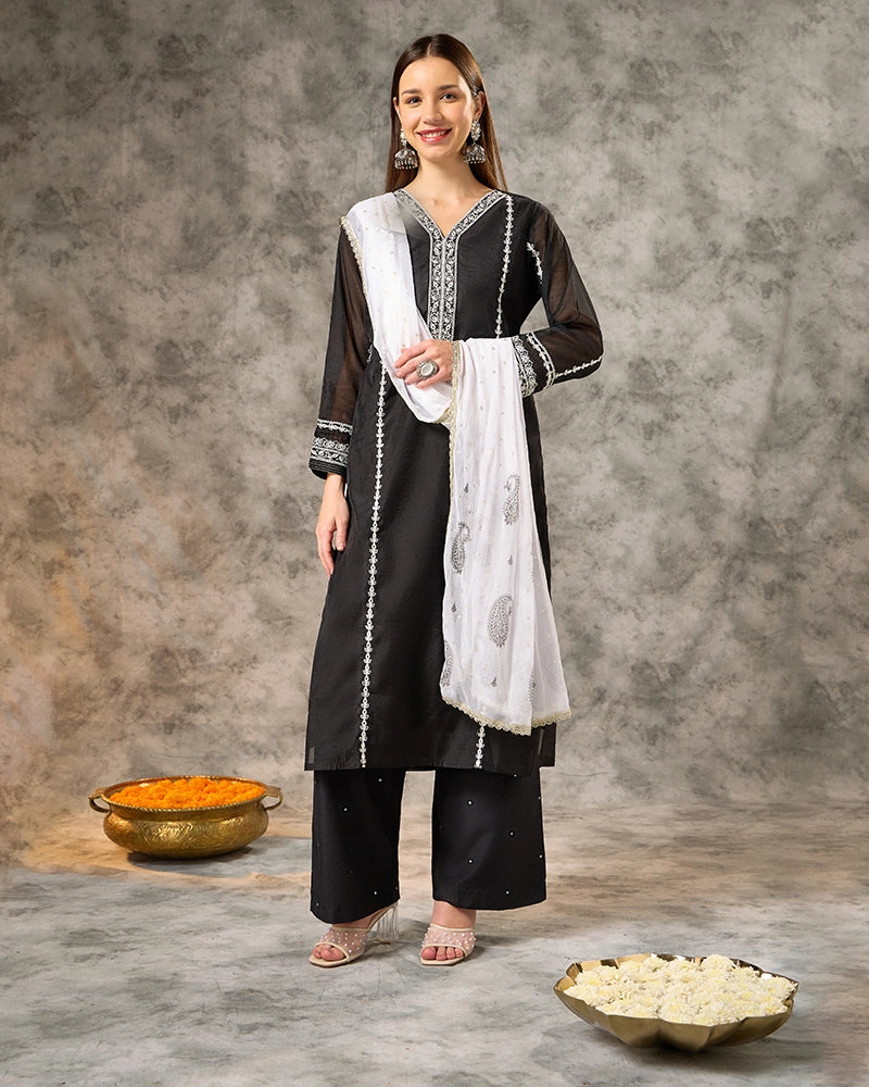 V-Neck Embroidered Kurta Set with Pant and Dupatta - Black