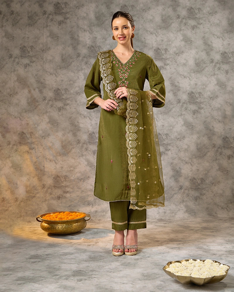 A-Line Embroidered Yoke Kurta Set with Pant and Dupatta - Lime
