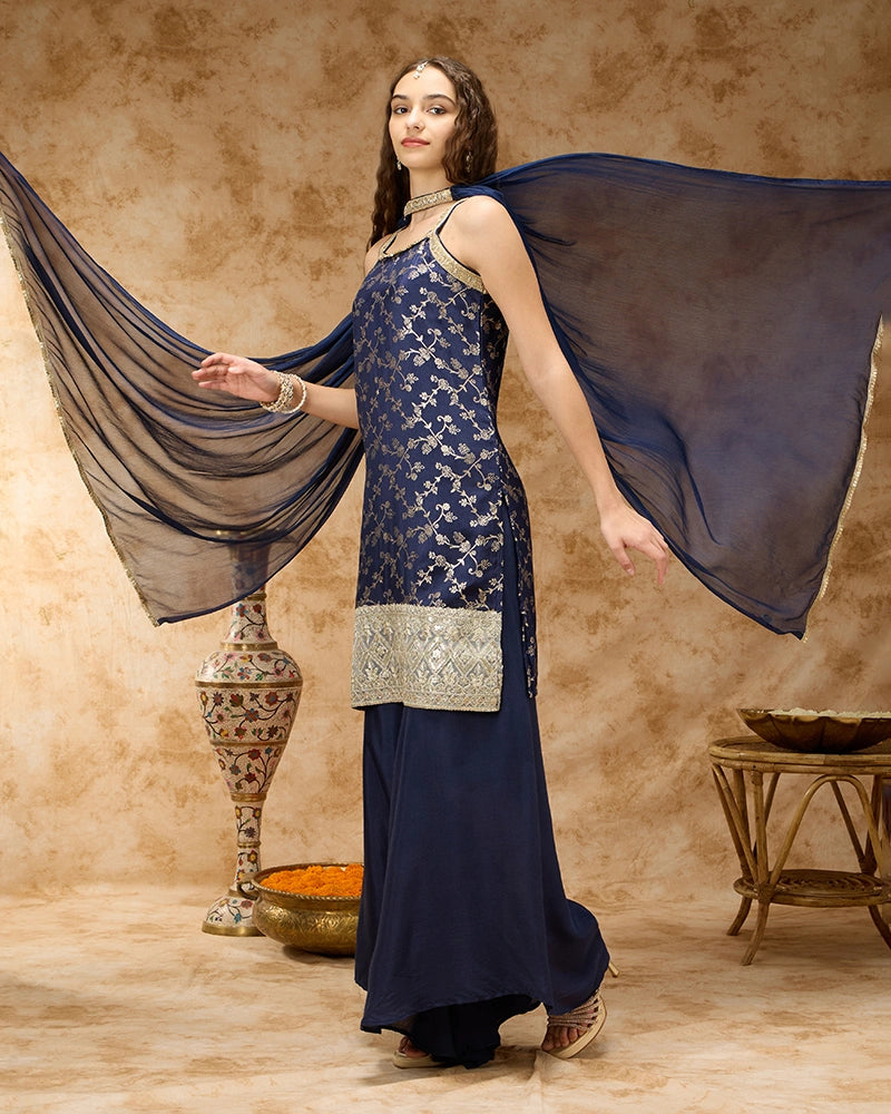 Sleeveless Brocade Kurta Set with Wide Leg Pant and Dupatta - Navy