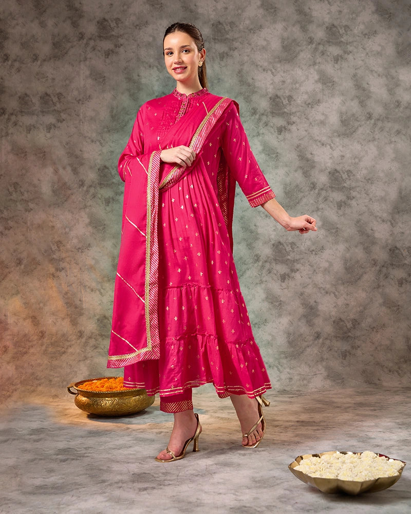 Foil Printed Kurta Set with Pant with Dupatta - Fuschia