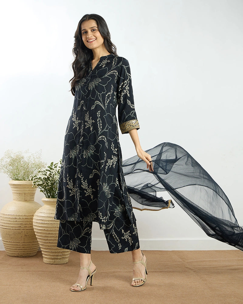 Navy Blue Printed Button-Down Kurta Set with Dupatta for Women