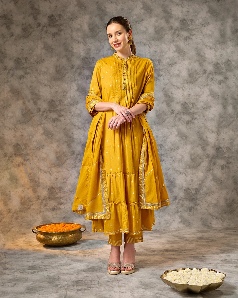 Foil Printed Kurta Set with Pant and Dupatta - Mustard