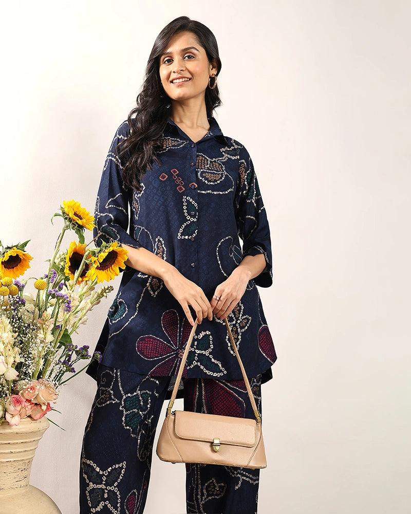 Blue Printed A-Line Co-ord Set for Women