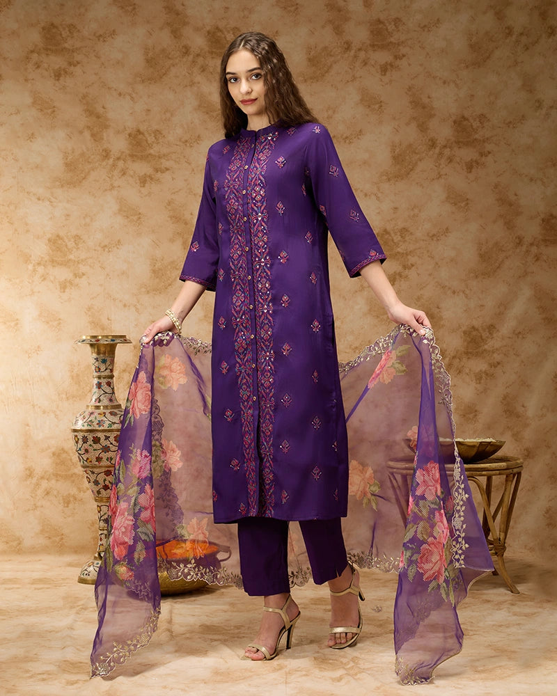 A-line Embroidered Kurta Set with Pant & Dupatta - Purple