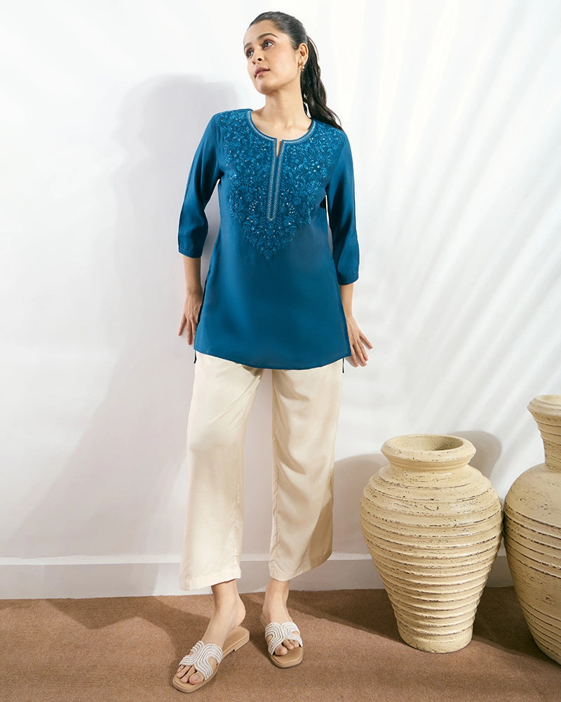 Blue Yoke Embroidered Hi-Low Top for Women