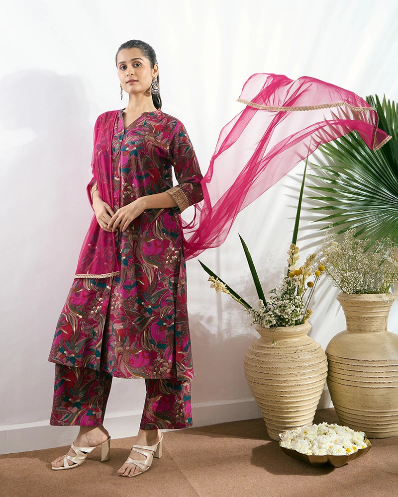 Blue Printed Button-Down Kurta Set with Dupatta for Women