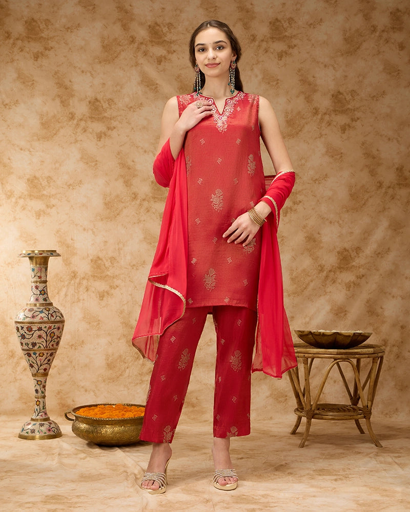 Brocade Kurta Set - Brick Red