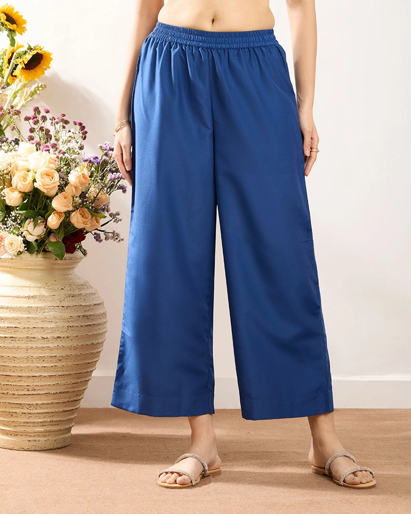 Blue V-Neck Zari Embroidered Kurta Set for Women