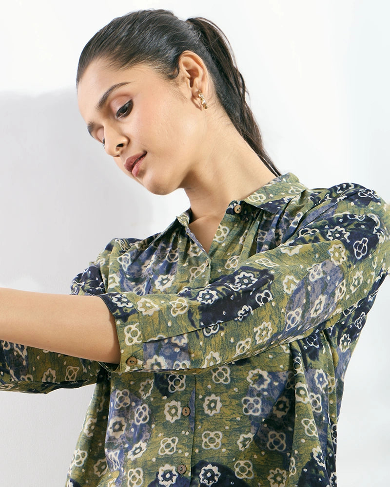 Green Modal Printed Boxy Fit Shirt for Women